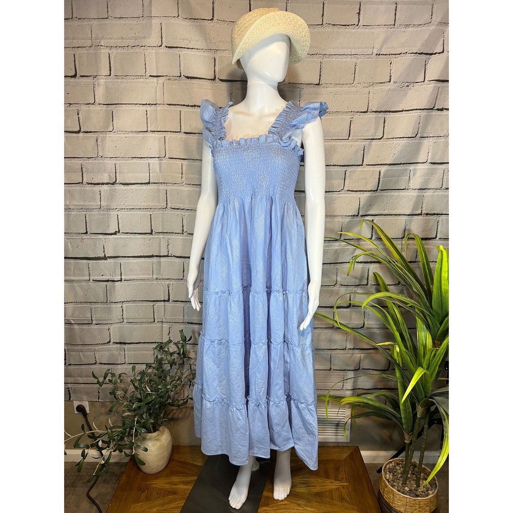 Hill House Ellie Nap Dress Blue Silver Glitter Check Smocked Midi Large NWOT